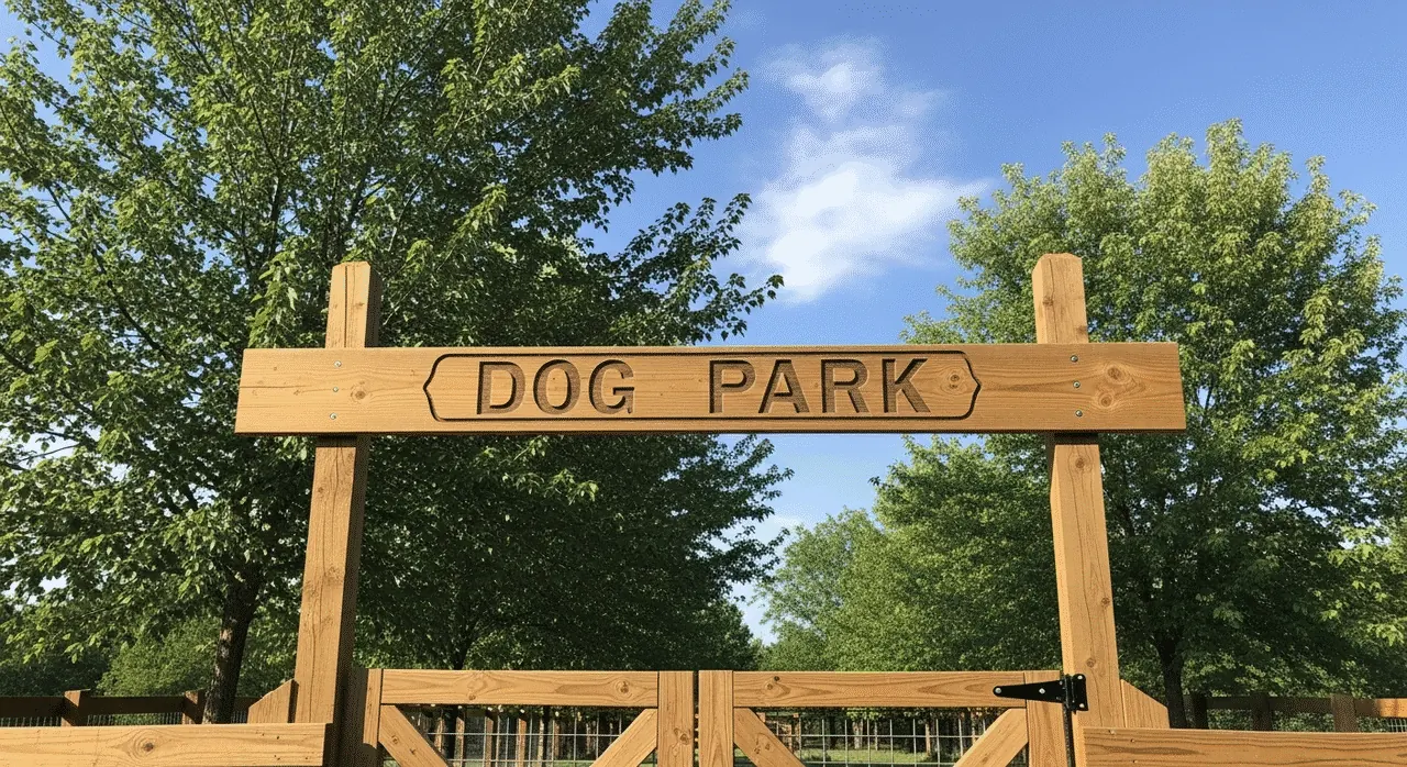 A dog park rules sign mounted near the double-gated entry of a public off-leash park