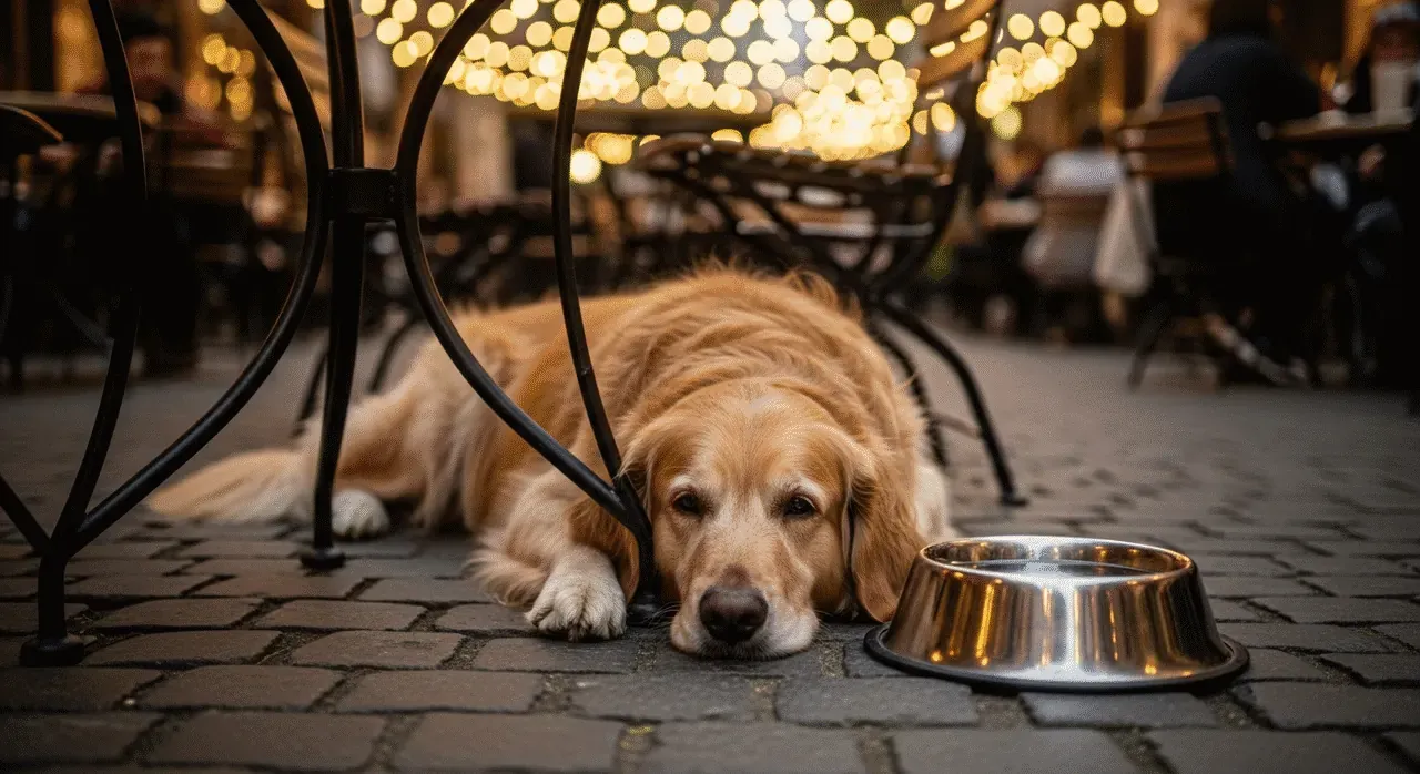 Dog lying calmly under a café table while their human enjoys brunch