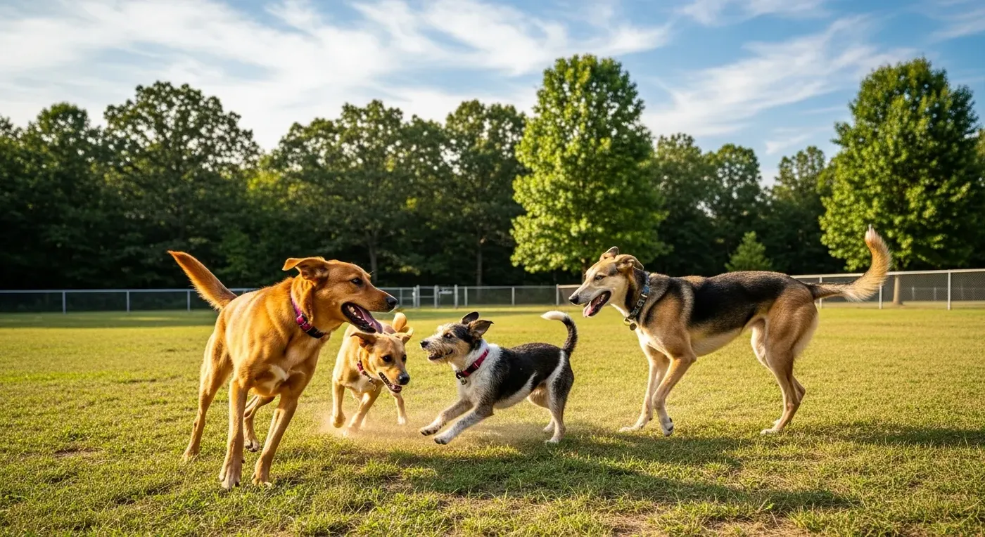 A friendly group of dogs and pup parents at an off-leash dog park