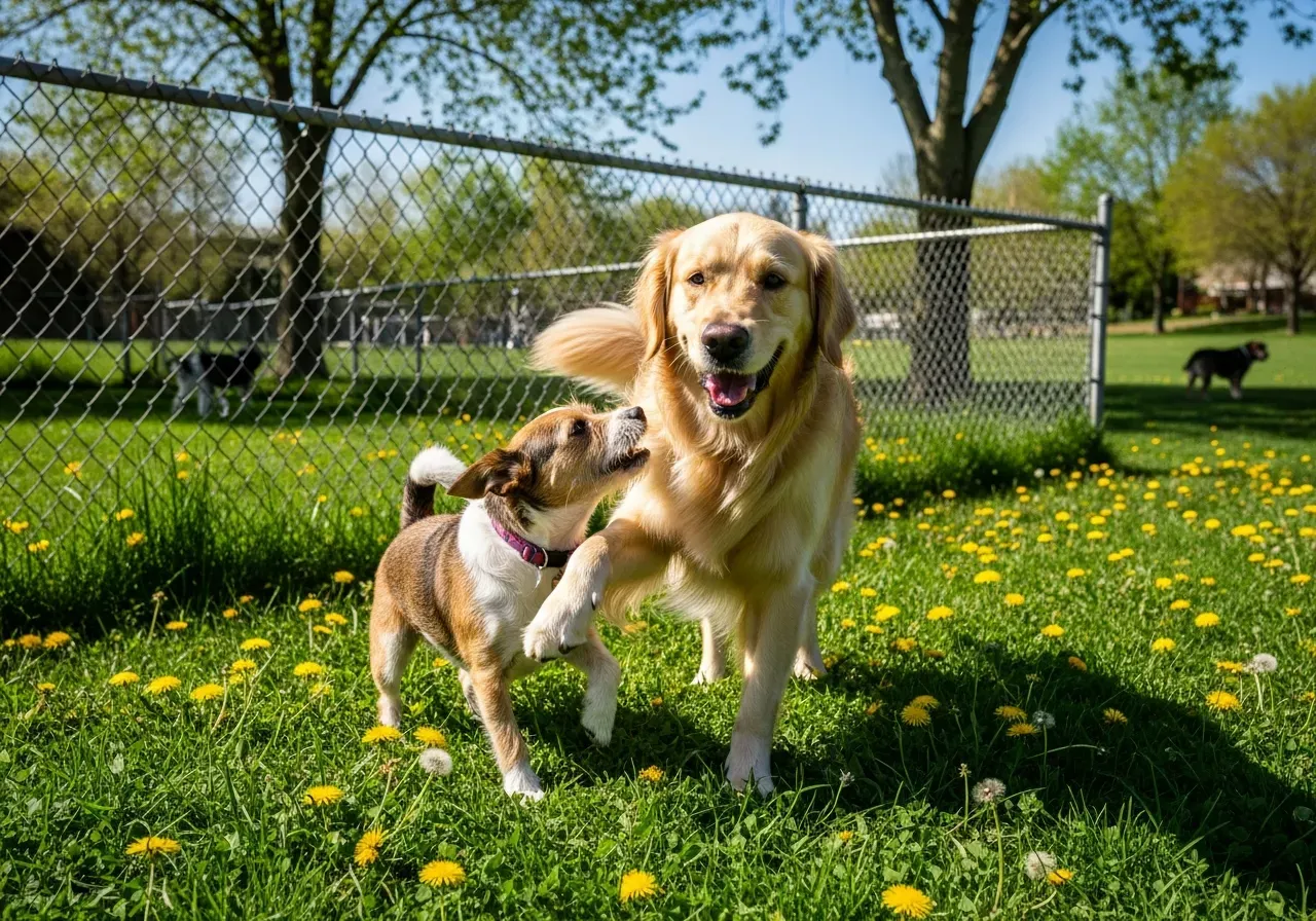Small dogs playing safely in a size-separated small dog park area